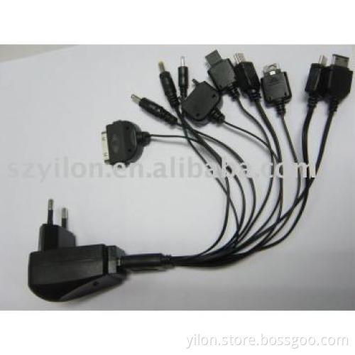 USB Travel Charger with 10 Different Connectors Cable